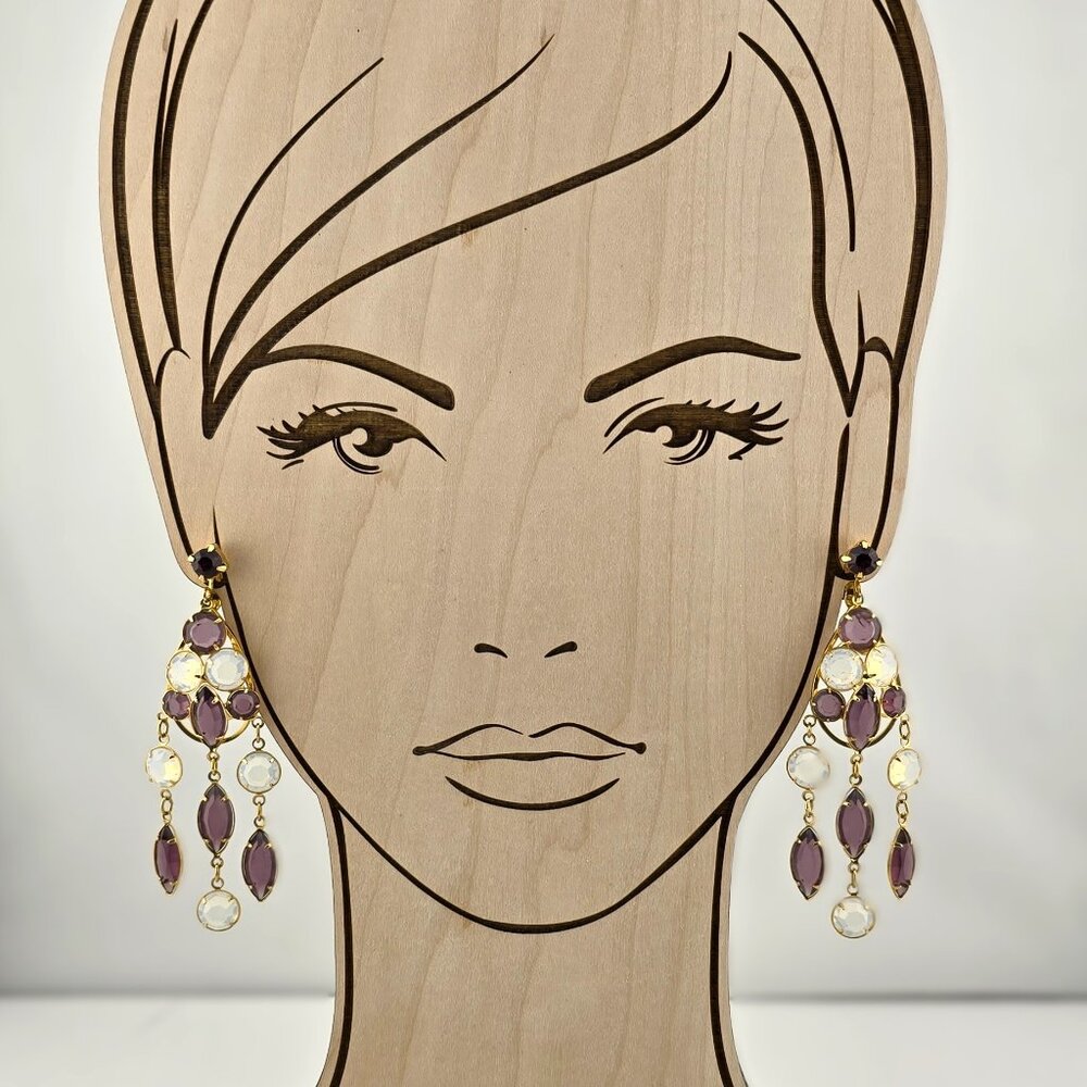Lavender & Opalescent Crystal Gold Tone Chandelier Earrings Clip-On 3-1/4" Long